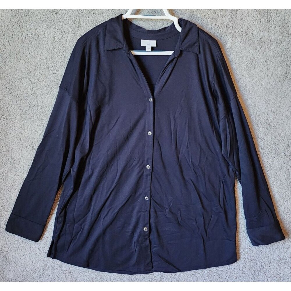 J Jill Women's Long Roll Tab Sleeve Button Up Tunic Blouse Top Stretch Blue Sz L